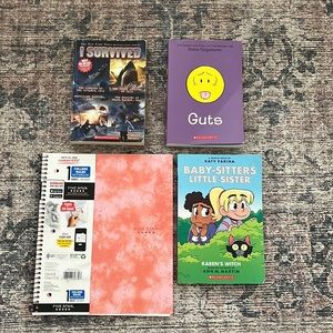 Books including I Survived series, Guts, Baby sitters little sister, and journal